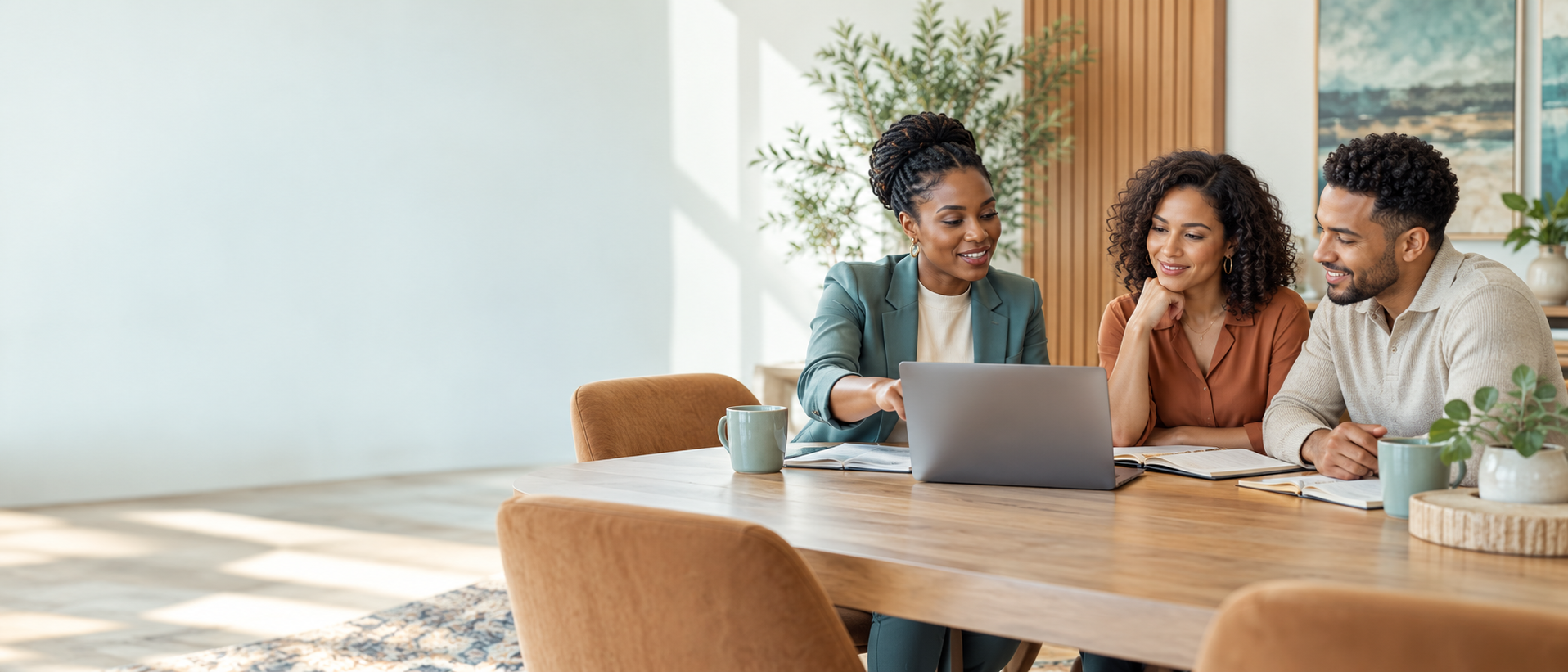 Business consultant collaborating with two business owners at a conference table